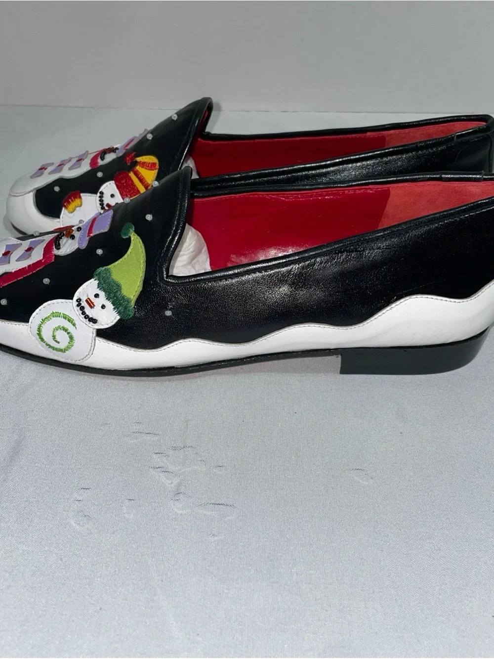 Michael Simon Black White Loafers with Colorful‎ Snowman Appliqués